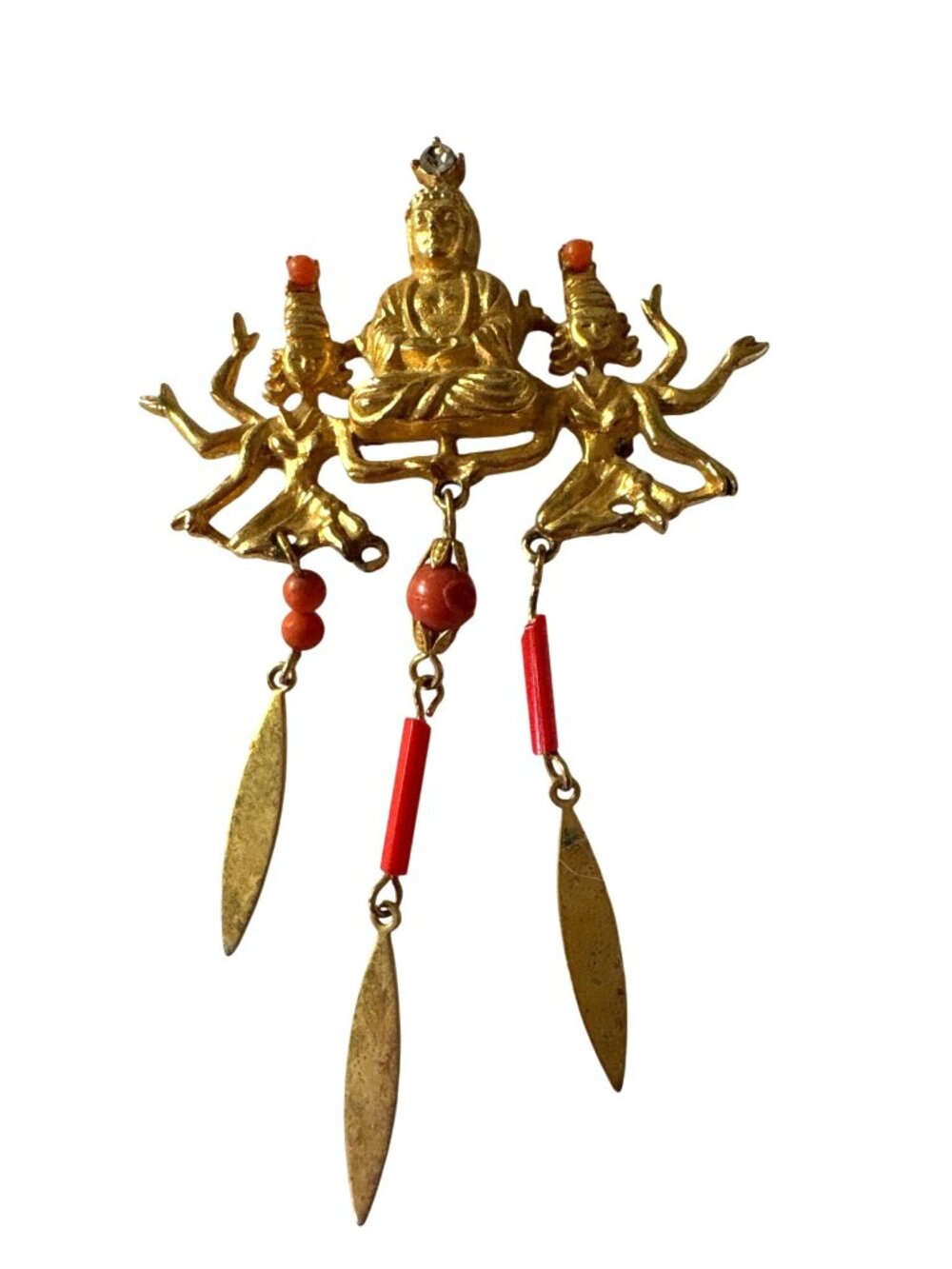 Vintage ARTCO Gold Buddha Signed Pin With Coral Dangles & Rhinestone Accent